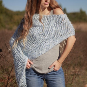 Boho hand knit oversized soft and chunky baby blue shrug image 3