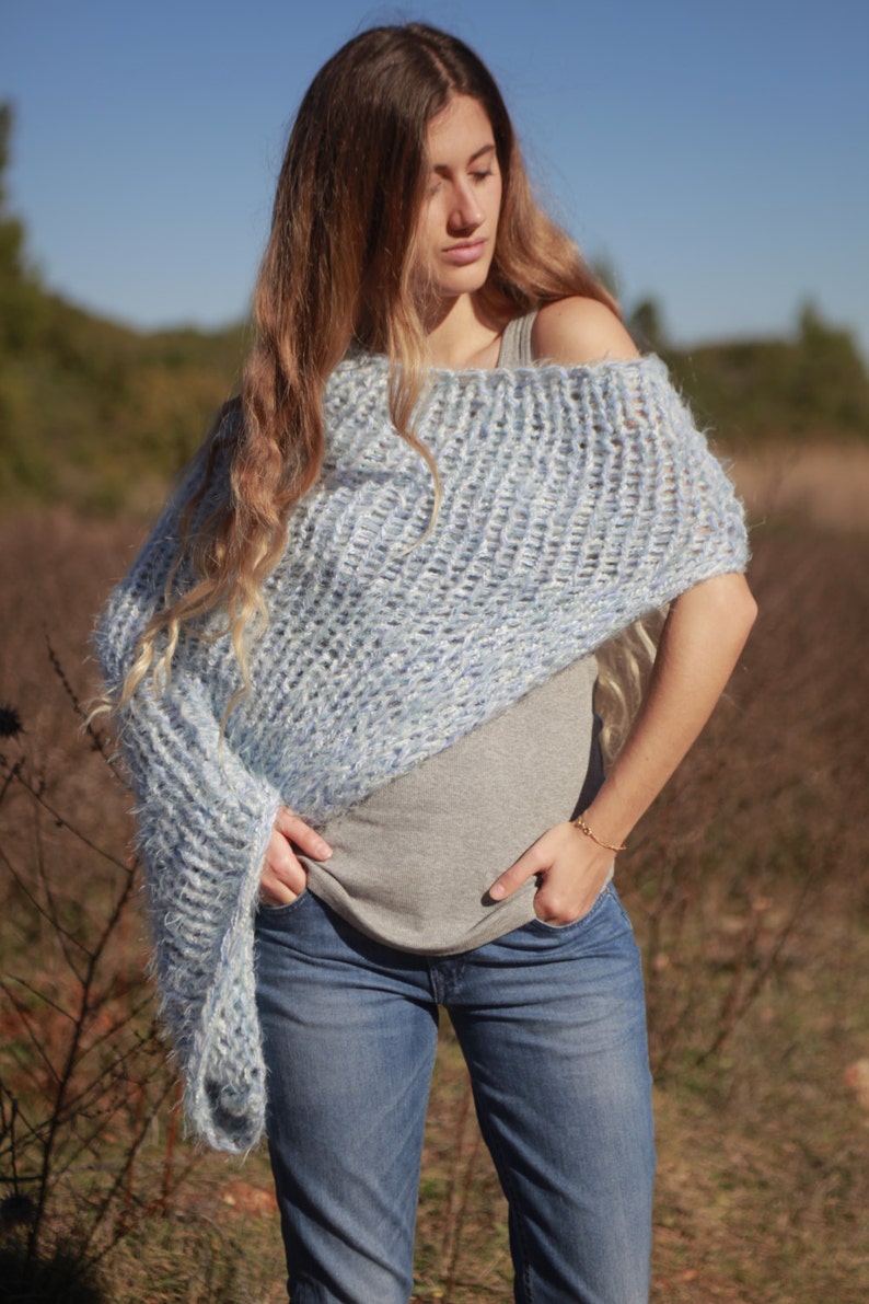 Boho hand knit oversized soft and chunky baby blue shrug image 3