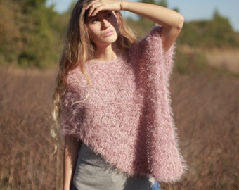 Dusty rose pink faux fur poncho, hand knit, handmade wrap, women's loose knit shawl