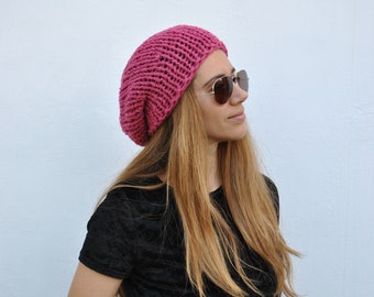 Dark pink hat, dark rose chunky knitted beanie, slouchy hat, vegan friendly, handmade gifts, unisex, chunky knit beanie