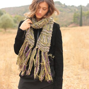 Chunky knit green purple yellow scarf, mohair and silk soft winter scarf, long fringed loose knitted scarf, winter accessories image 2