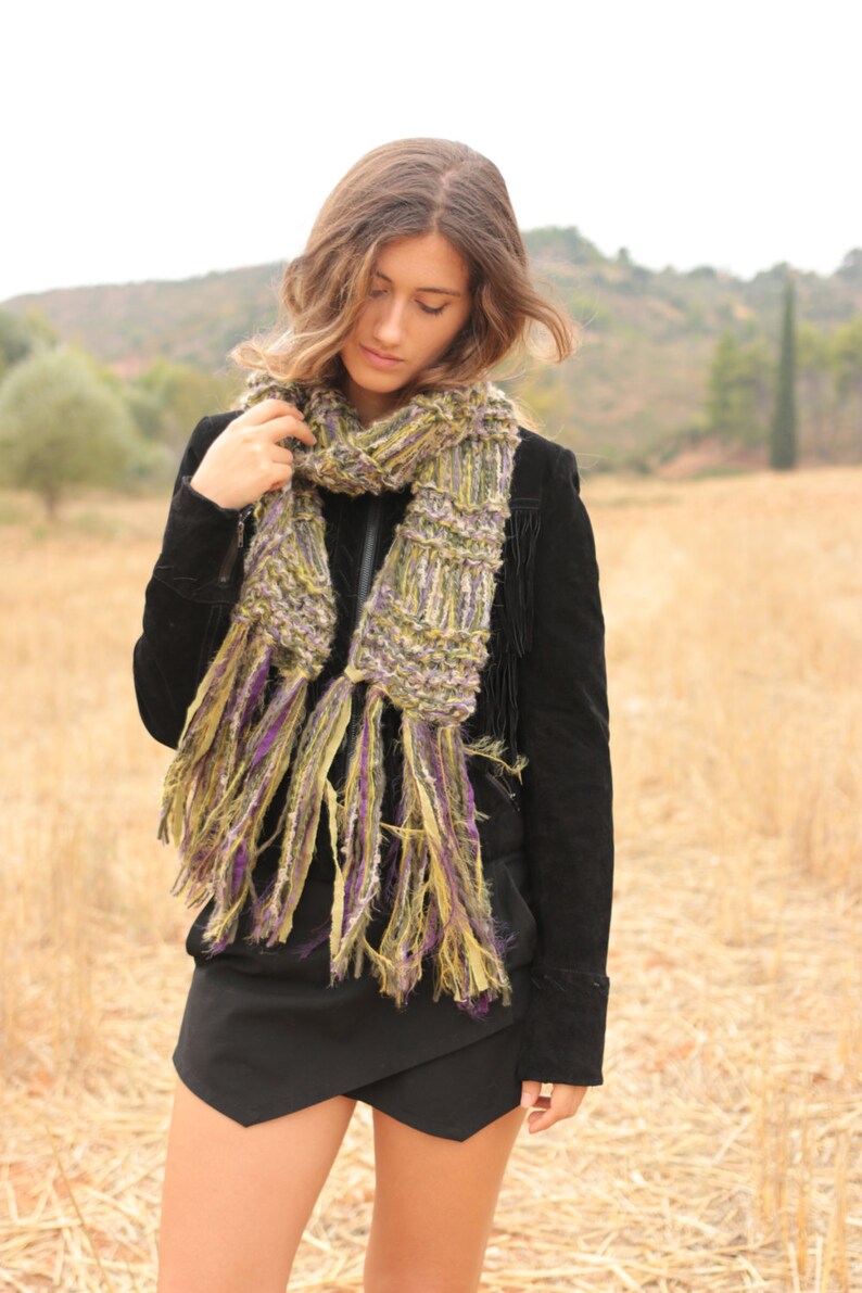 Chunky knit green purple yellow scarf, mohair and silk soft winter scarf, long fringed loose knitted scarf, winter accessories image 2