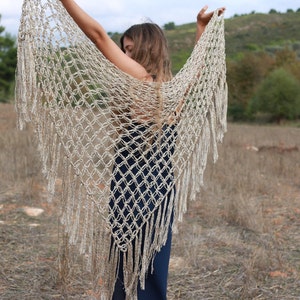 Crochet shawl, open weave golden tan shawl, handmade large fringed shawl, formal evening wrap, boho festival shawl image 5