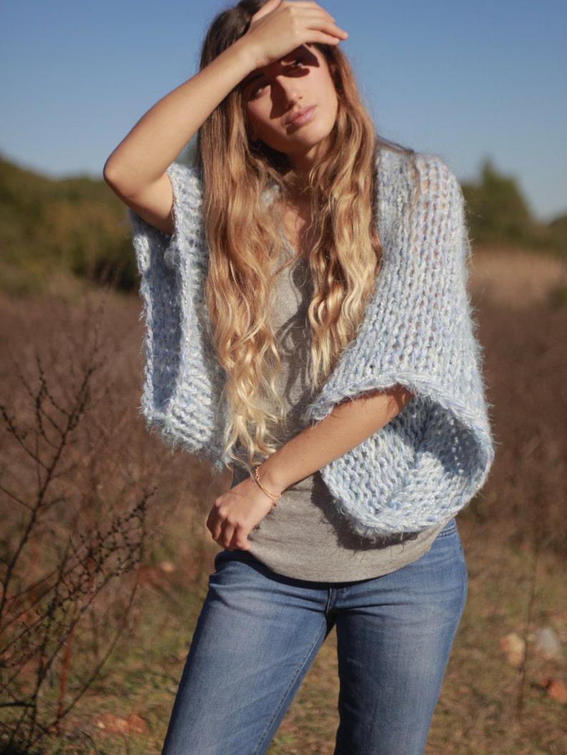 Boho hand knit oversized soft and chunky baby blue shrug image 1