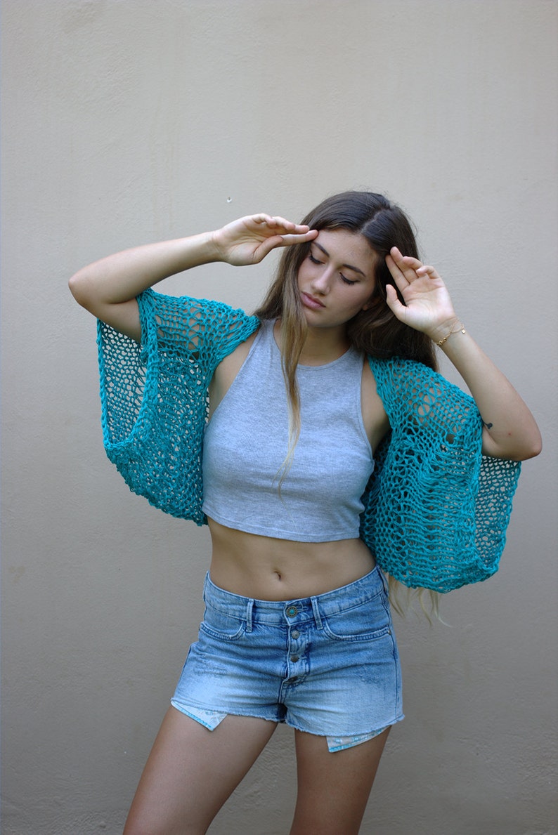 Turquoise cotton shrug, handmade cropped cardigan, open knit cotton bolero, loose weave shrug, loose fitting boho style shrug image 4