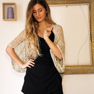 Sandy beige boho shrug, loose weave shrug, cropped sweater, loose knit bolero, cotton shrug, ethereal, beige crop sweater, luxury shrug