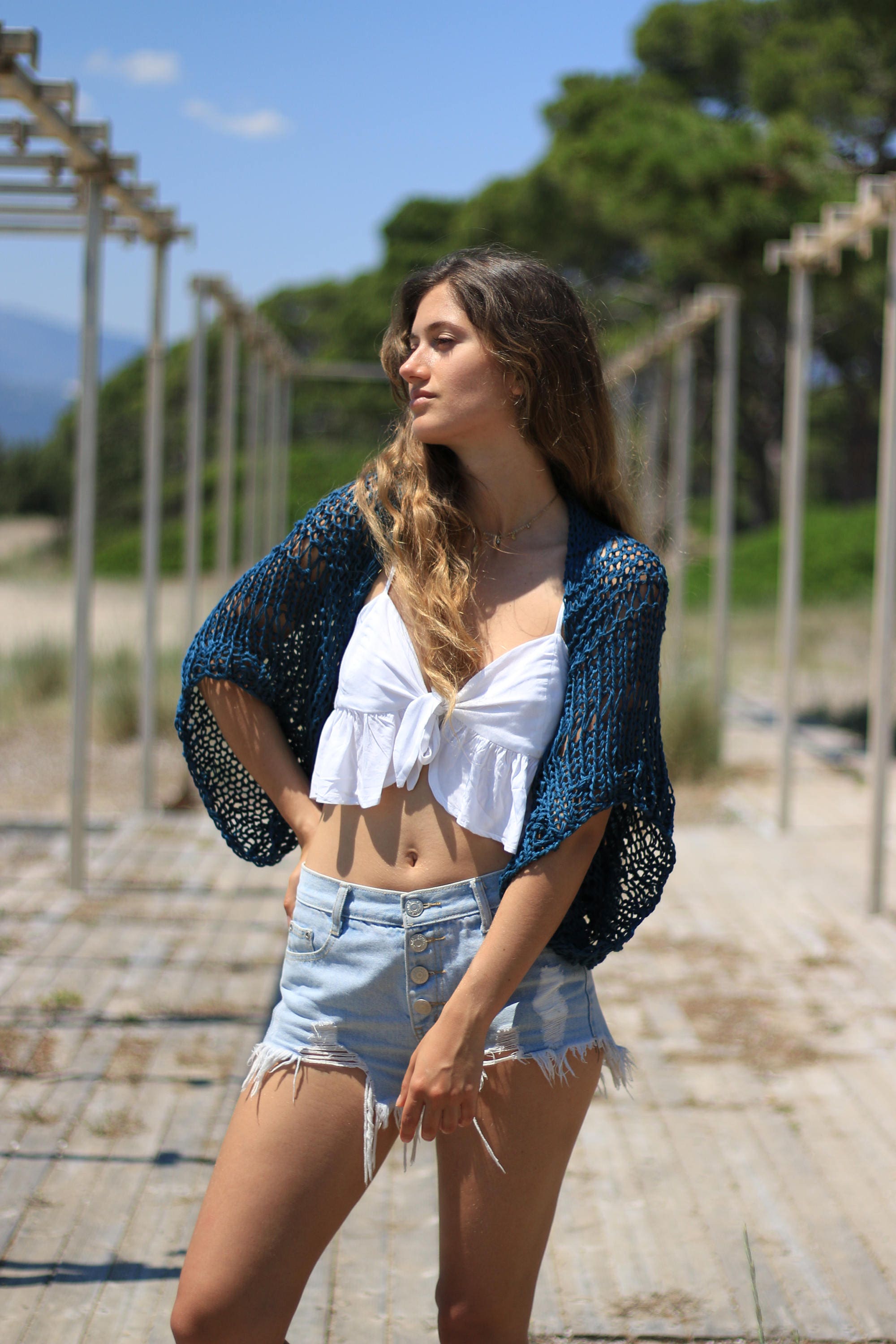 Teal Blue Shrug, Open Knit Shrug, Crop Cardigan, Cotton Teal Blue Shrug, Open Knit Shrug, Crop Cardigan, Cotton