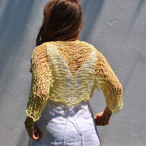 Yellow cotton shrug, boho loose knit summer bolero, open net cover up, summer sleeves, net shrug