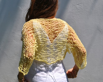 Yellow cotton shrug, boho loose knit summer bolero, open net cover up, summer sleeves, net shrug