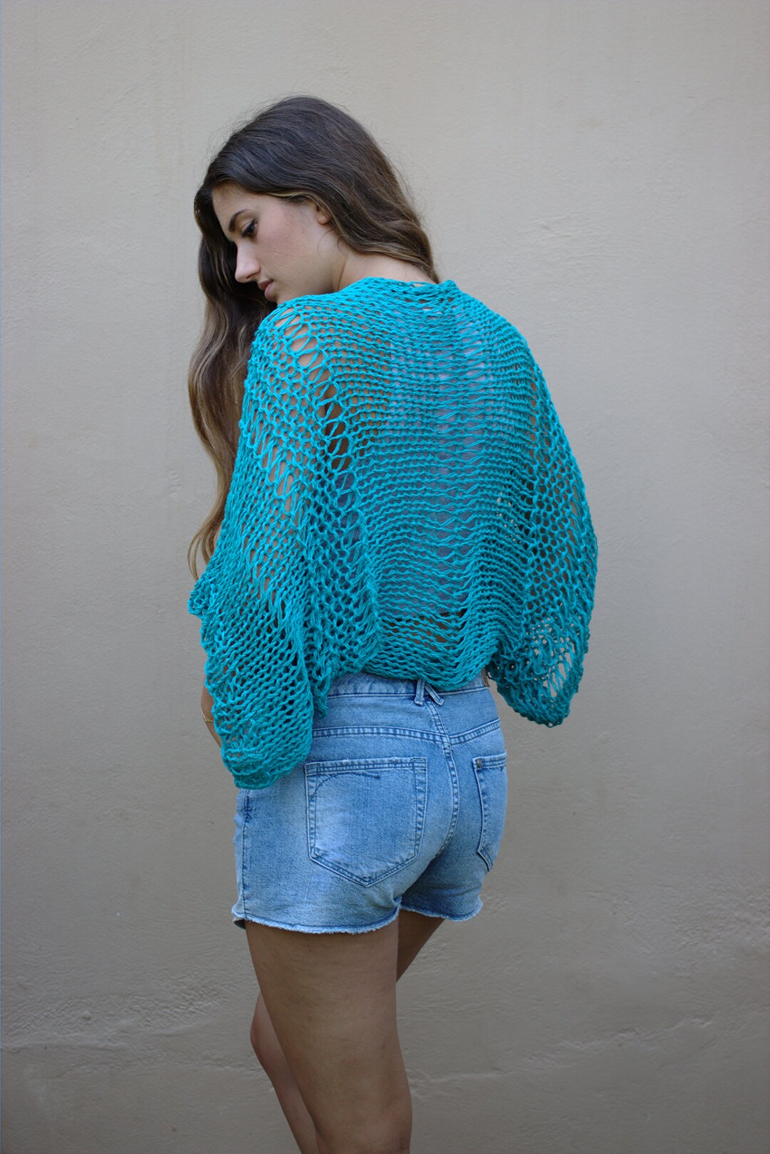 Turquoise Cotton Shrug, Handmade Cropped Cardigan, Open Knit