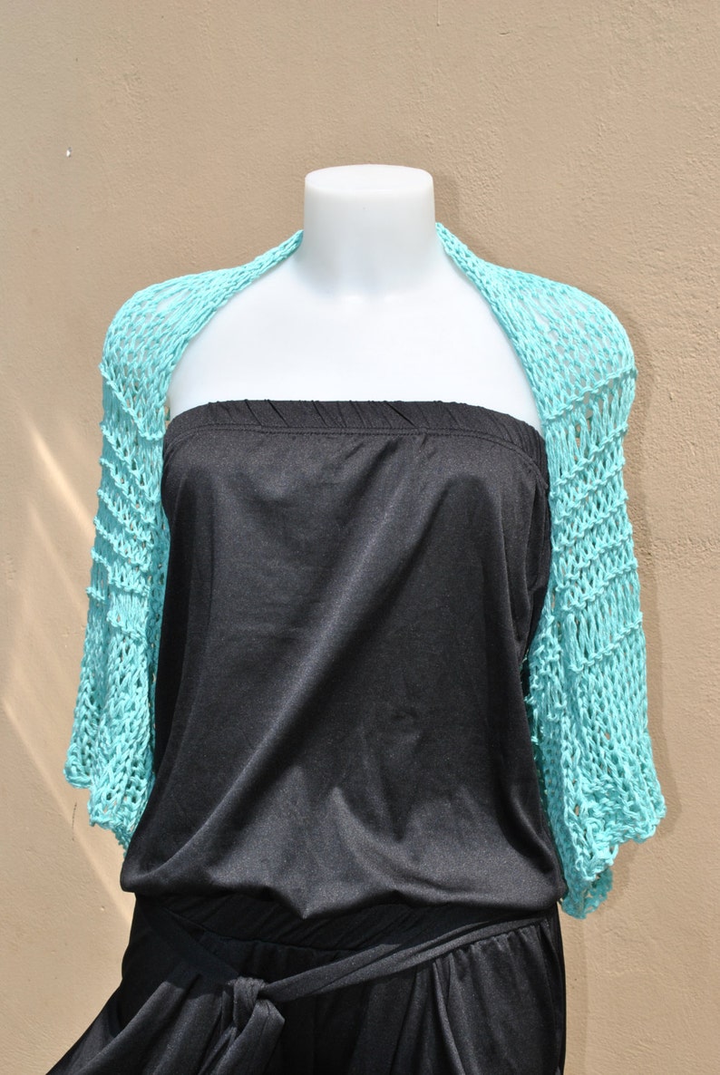 beach top handknit cotton shrug aqua cropped sweater loose weave shrug aqua bridal wrap summer cotton Aqua summer shrug aqua bolero