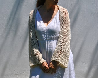 Ivory long sleeve Eco cotton shrug, vegan bolero, loose knit crop cardigan