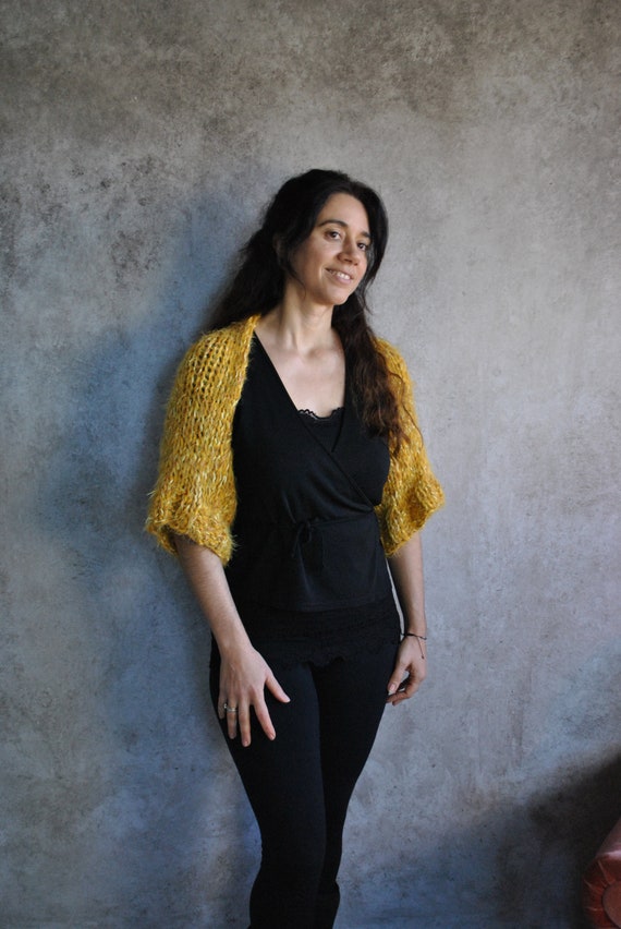 Knitted bolero shrug in Mustard Yellow chunky loose fitting hippie crop cardigan shrug