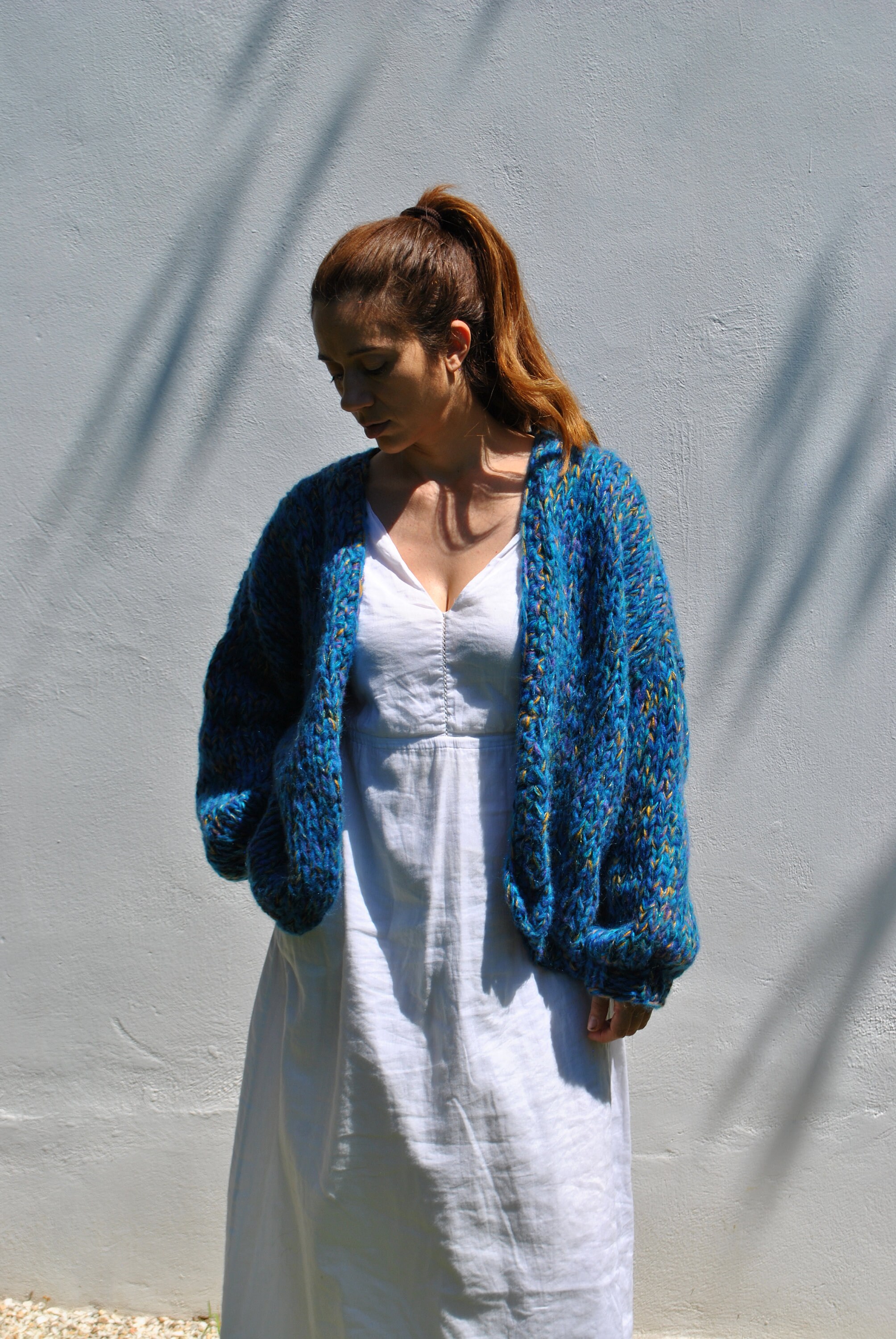 Blue Tweed Slouchy Cardigan, Chunky Over-sized Loose Fitting Blue Tweed Slouchy Cardigan, Chunky Over-sized Loose Fitting