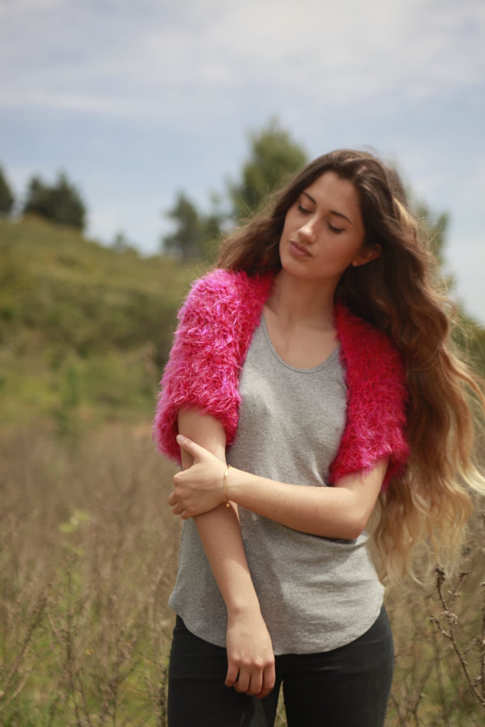 Hot pink faux fur shrug hand knitted shrug pink soft fur Etsy