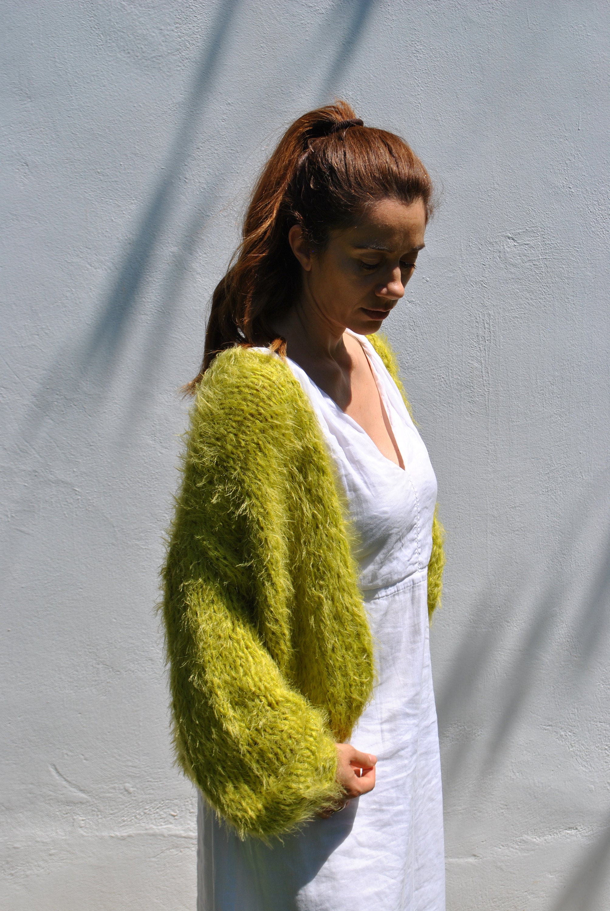 FLUFFY CASHMERE PUFF SLEEVES CARDIGAN WITH FAUX FUR COLLAR