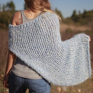 Boho hand knit oversized soft and chunky baby blue shrug image 2