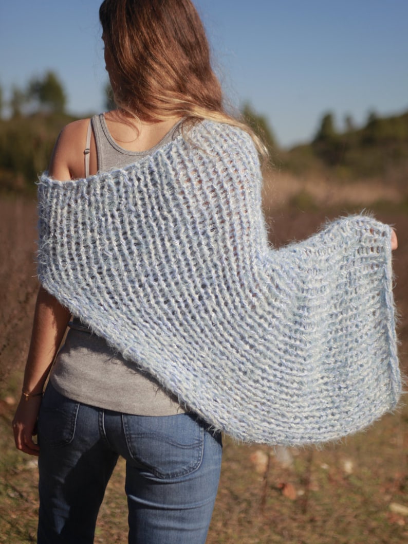 Boho hand knit oversized soft and chunky baby blue shrug image 2