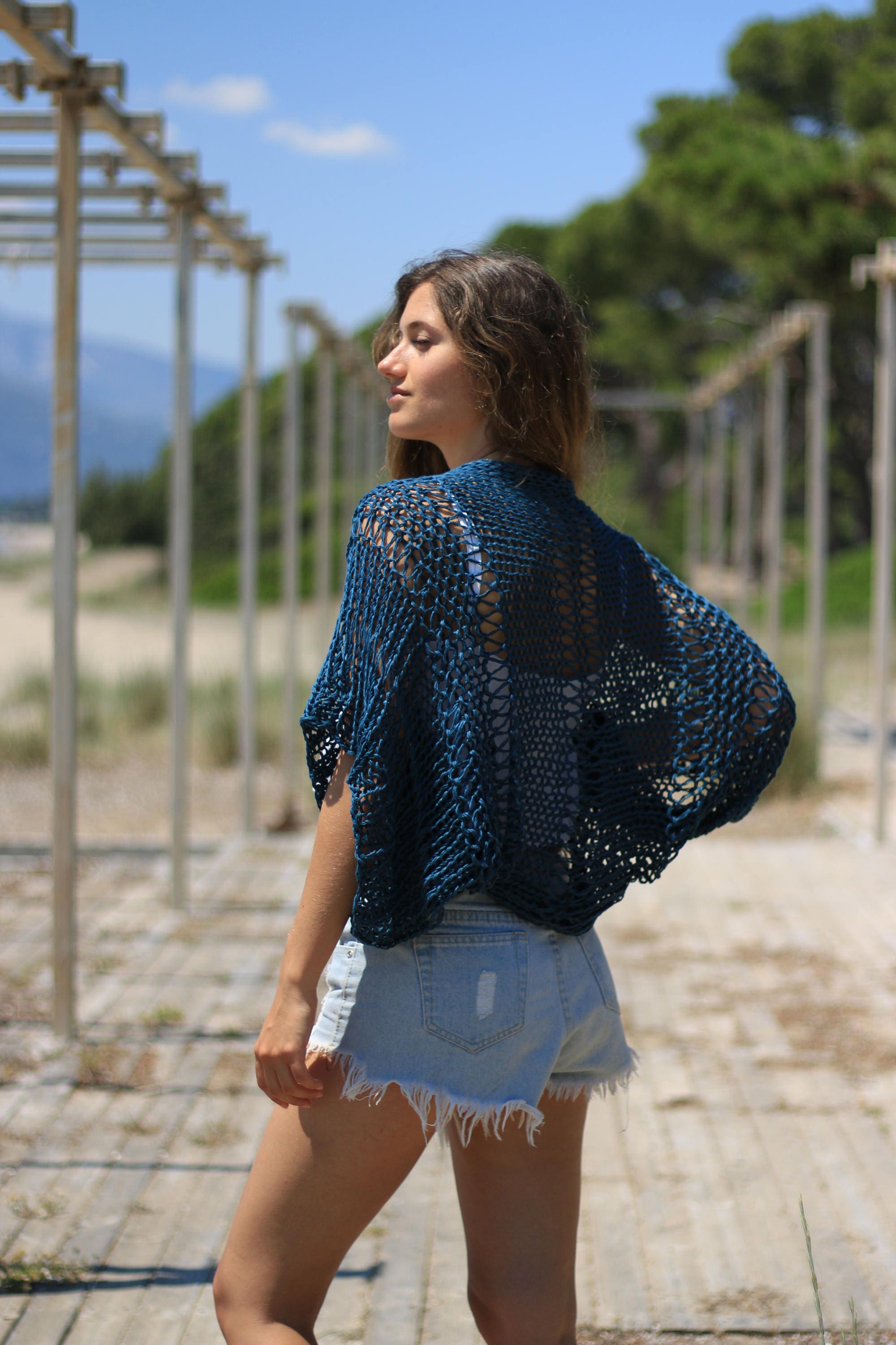 Teal Blue Shrug, Open Knit Shrug, Crop Cardigan, Cotton Teal Blue Shrug, Open Knit Shrug, Crop Cardigan, Cotton