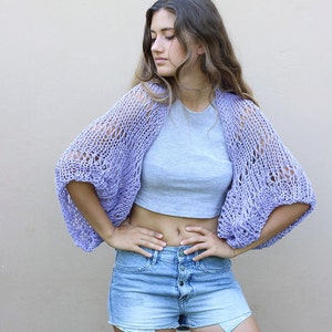 Lavender shrug, hand knit shrug, cropped cardigan, open knit cover up, cotton bolero, loose weave shrug, loose knit shrug, boho style shrug image 4