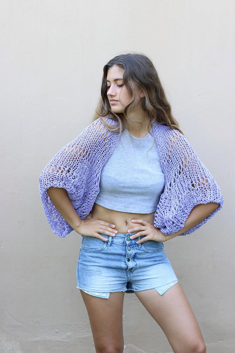 Lavender shrug, hand knit shrug, cropped cardigan, open knit cover up, cotton bolero, loose weave shrug, loose knit shrug, boho style shrug image 4