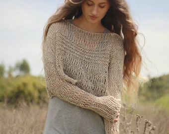 Light brown loose knit cropped sweater, brown beige cotton linen crop sweater, post apocalyptic crop top, thumb hole grunge cropped sweater