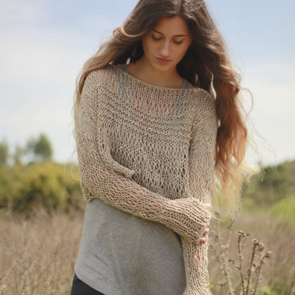 Light brown loose knit cropped sweater, brown beige cotton linen crop sweater, post apocalyptic crop top, thumb hole grunge cropped sweater