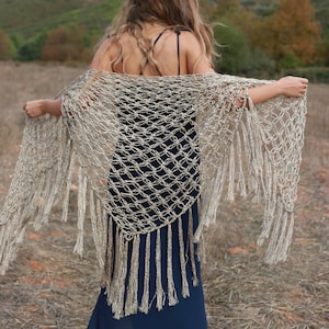 Crochet shawl, open weave golden tan shawl, handmade large fringed shawl, formal evening wrap, boho festival shawl image 1