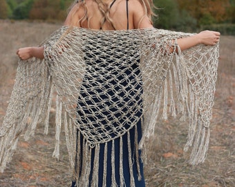 Crochet shawl, open weave golden tan shawl, handmade large fringed shawl, formal evening wrap, boho festival shawl