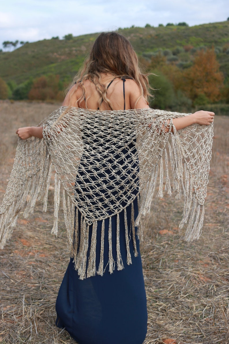 Crochet shawl, open weave golden tan shawl, handmade large fringed shawl, formal evening wrap, boho festival shawl image 1