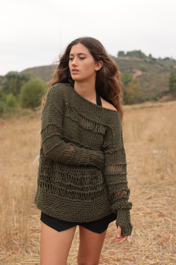 Pull d hiver en laine grosses mailles grunge vert militaire