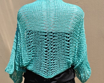 Aqua cotton shrug, hand knitted, summer bolero, open knit, cotton wedding wrap,