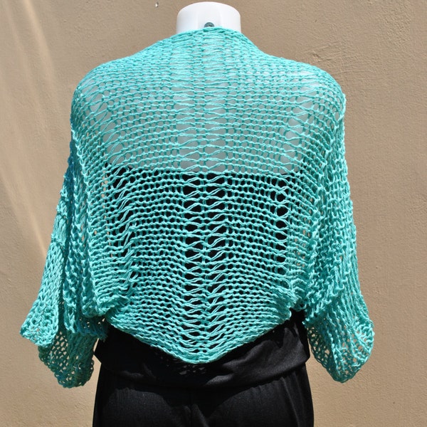 Aqua cotton shrug, hand knitted, summer bolero, open knit, cotton wedding wrap,