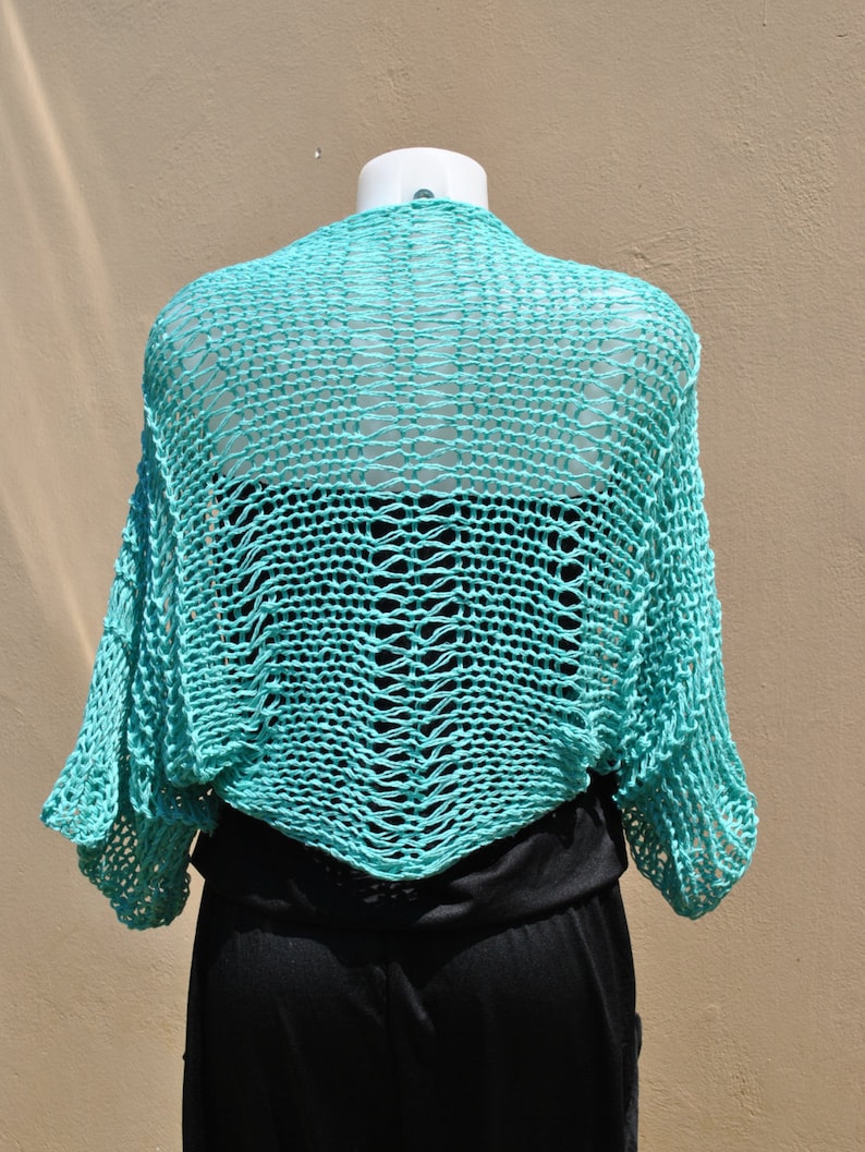 beach top handknit cotton shrug aqua cropped sweater loose weave shrug aqua bridal wrap summer cotton Aqua summer shrug aqua bolero