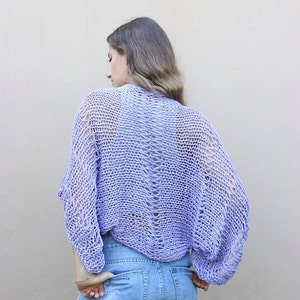 Lavender shrug, hand knit shrug, cropped cardigan, open knit cover up, cotton bolero, loose weave shrug, loose knit shrug, boho style shrug image 5