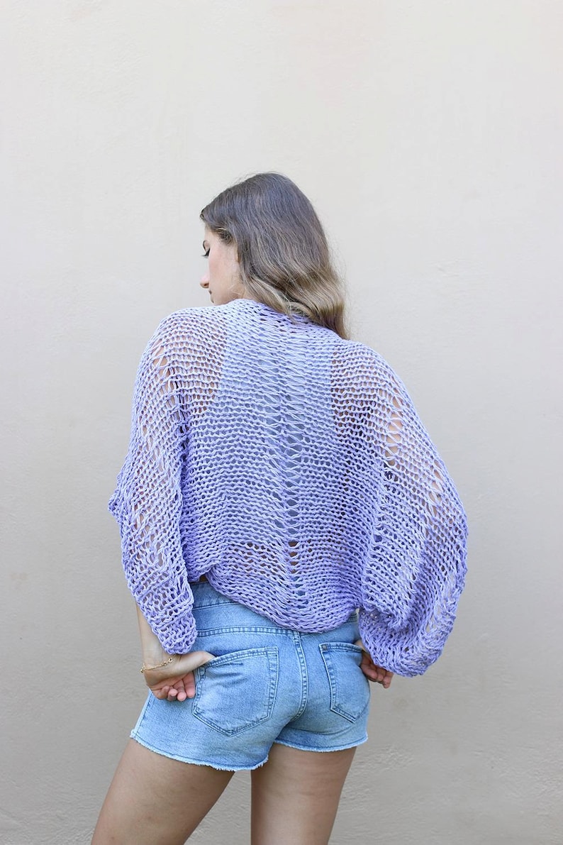 Lavender shrug, hand knit shrug, cropped cardigan, open knit cover up, cotton bolero, loose weave shrug, loose knit shrug, boho style shrug image 5