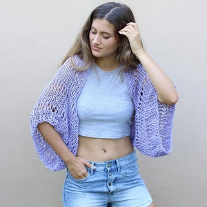 Lavender shrug, hand knit shrug, cropped cardigan, open knit cover up, cotton bolero, loose weave shrug, loose knit shrug, boho style shrug image 2