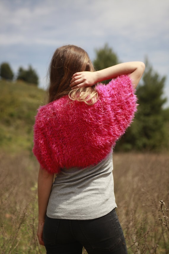 Hot pink faux fur shrug, hand knitted shrug, pink soft fur bridal bolero,  short sleeve crop cardigan, women's pink vegan shrug