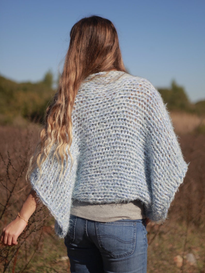 Boho hand knit oversized soft and chunky baby blue shrug image 5