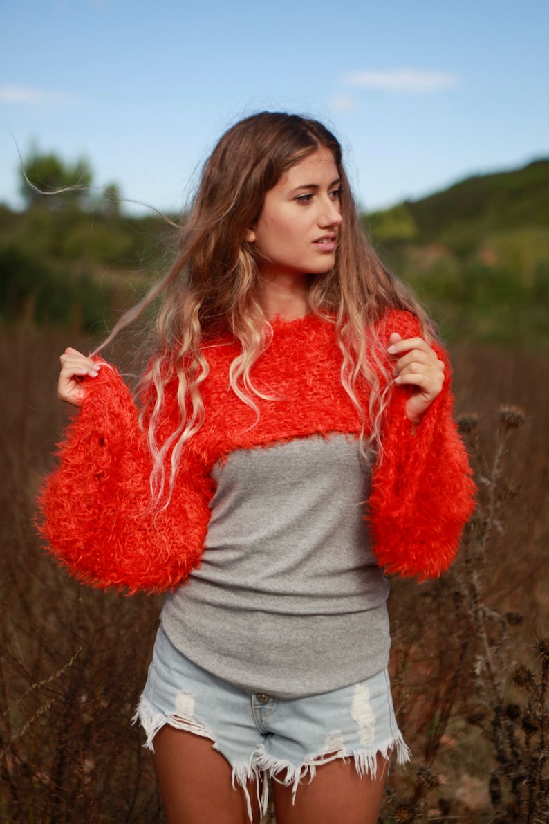 Cropped Burnt Orange Sweater Shrug Faux Fur Loose Weave Hand Etsy