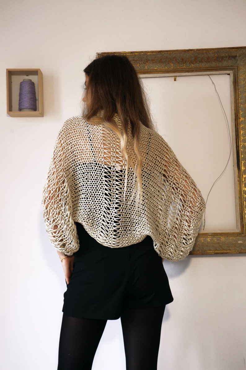 Sandy beige boho shrug, loose weave shrug, cropped sweater, loose knit bolero, cotton shrug, ethereal, beige crop sweater, luxury shrug image 3