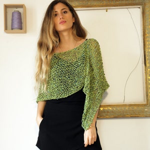 Green poncho, handknit womens viscose poncho, lime green shrug, summer wrap, loose knit shawl, capelet, sweater, boho chic