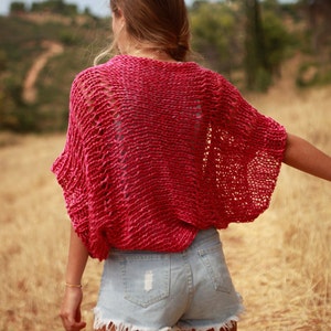 Dark pink hand knit loose weave shrug, pinky red cropped sweater, dark pink bolero, hand-knit cotton linen summer shrug, summer sweater