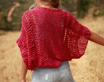 Dark pink hand knit loose weave shrug, pinky red cropped sweater, dark pink bolero, hand-knit cotton linen summer shrug, summer sweater