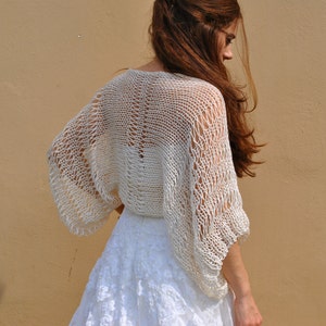 Ivory wedding shrug, cropped Ivory bridal lace sweater, women&#39;s formal bolero, hand knit loose fitting shrug
