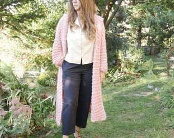 Rose Pink long cardigan with hood, hand knitted sweater