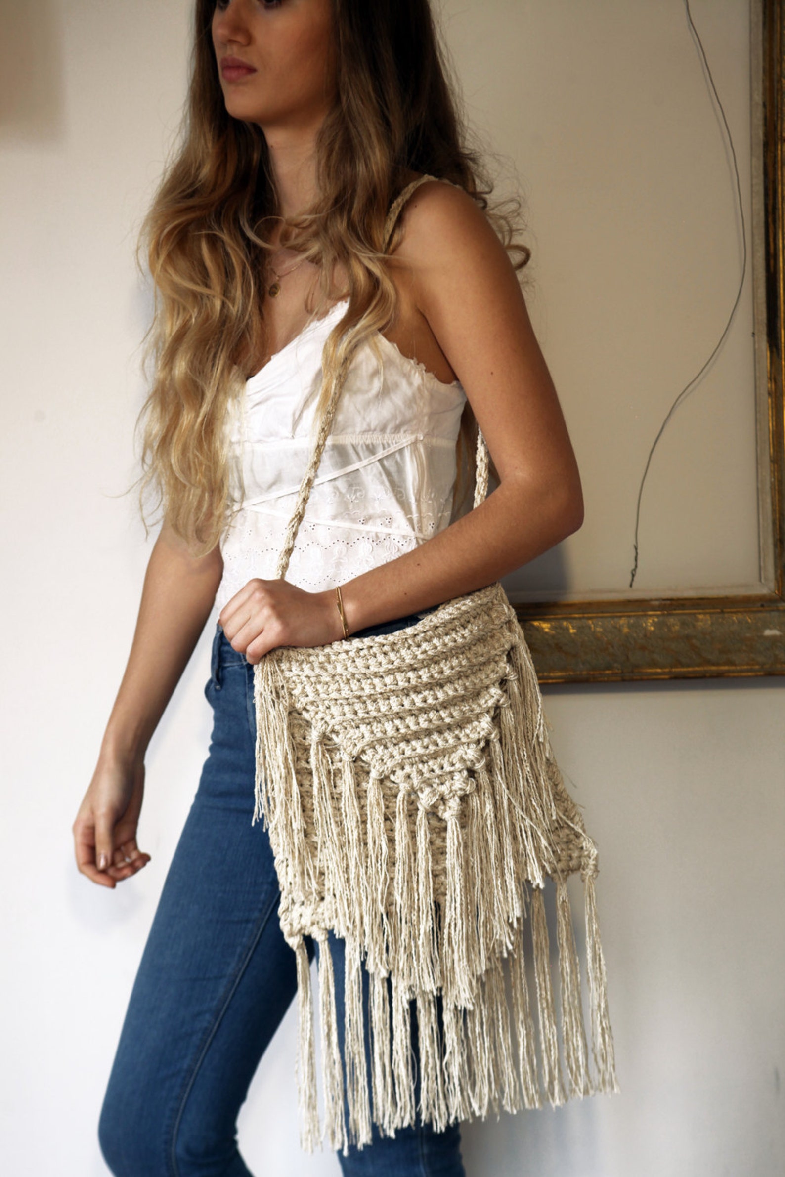 Bags & Purses Ecru Crochet Fringed Shoulder Bag Natural Etsy
