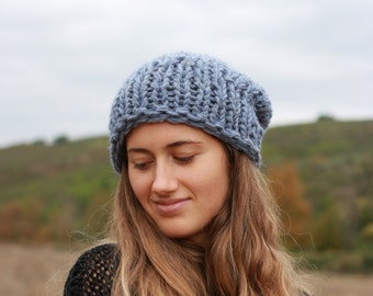 Blue chunky knit beanie, slouchy women's winter hat, hand knit soft and warm hat, faded slate blue beanie