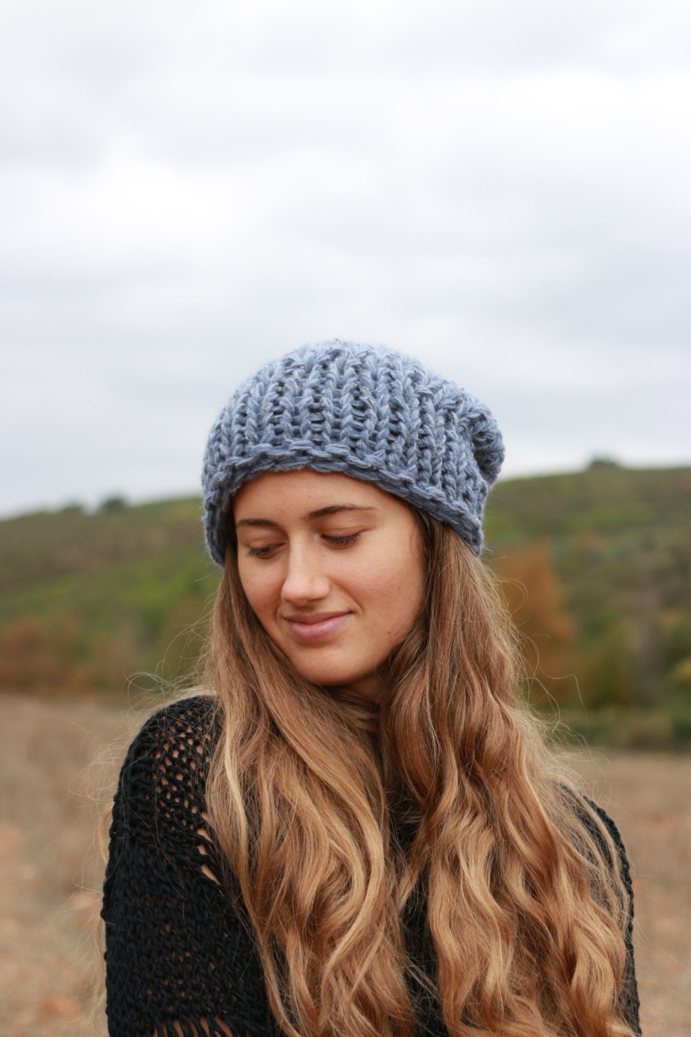 Blue Chunky Knit Beanie, Slouchy Women
