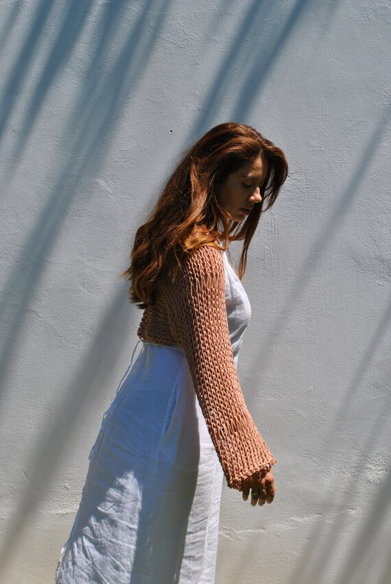 Beige Long Sleeve Cotton Shrug Hand Knit Bolero Vegan Shrug